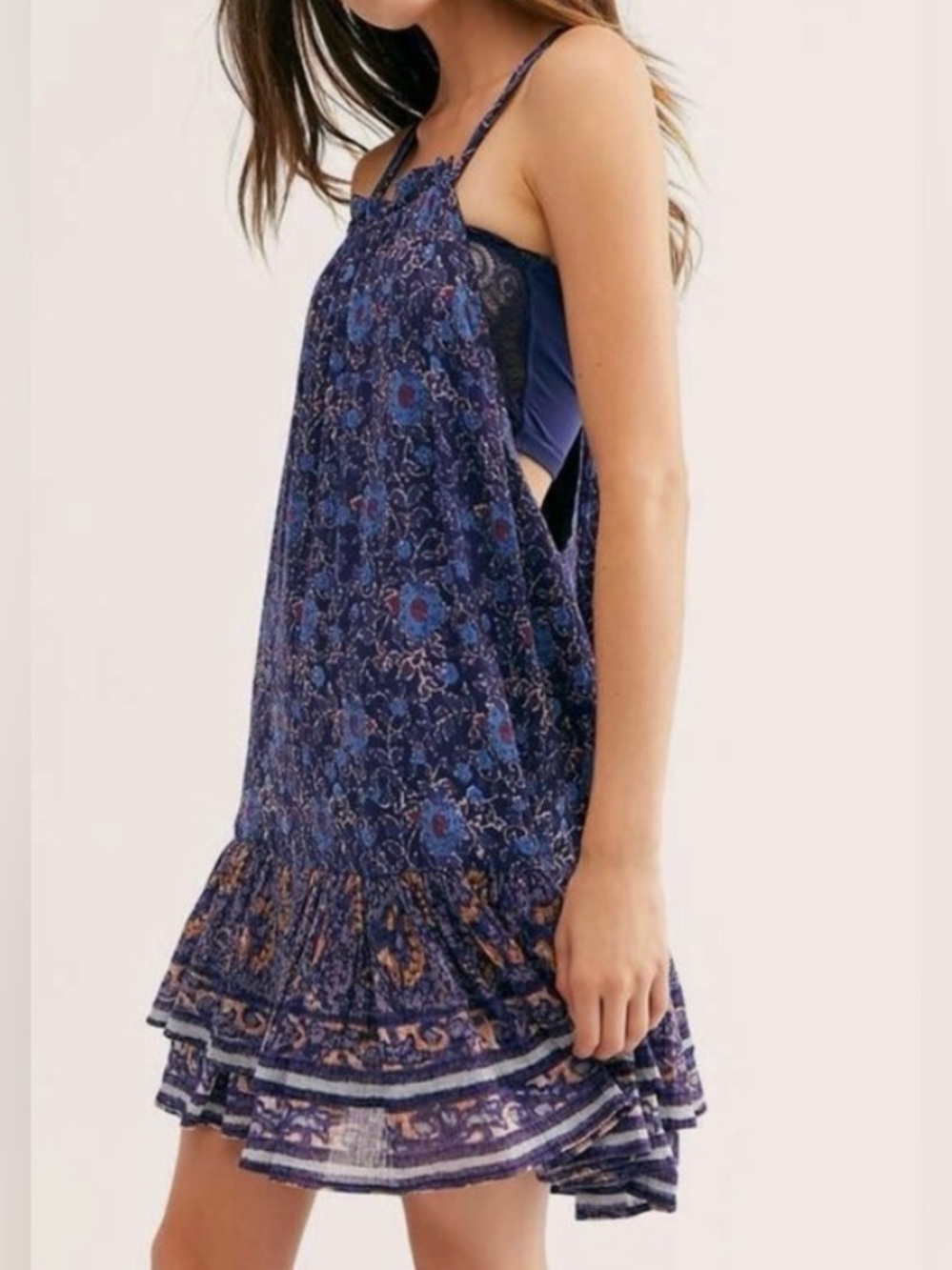 Free People Royal Blue Printed Ruffle Hem Mini Swing Dress - Size M